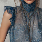 Vintage Pleated Neck Flutter Sleeves Paisley Chiffon Tank Top