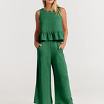 Nadorine 2 Piece Outfits Sleeveless Ruffle Tank Crop Top and Wide Leg Pants Lounge Set with Pockets