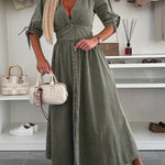 Solid Color V-neck Button-down Denim Midi Dress