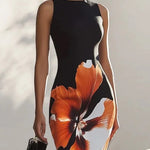 Skinny Sleeveless Flower Print Round-Neck Maxi Dresses