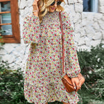 Long Sleeve Dress Boho Floral Ruffle High Neck Mini Dress Casual Loose Pleated Flowy Dresses