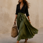 Black Shirt And Olive Green Midi Skirt Two-piece Suit