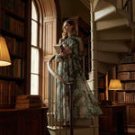 Balloon Sleeves Long Sleeves Big Hemline Contrast Color Pleated Print Zipper Stand Collar Maxi Dresses
