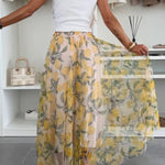 Summer Lemon Print Elastic Waist Tulle Holiday Midi Skirt