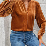 Gold Flame Frilled V Neck Velvet Blouse