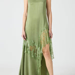 Pretty Soul Satin Lace Trim Wide Neck Irregular Hem Slit Maxi Dress