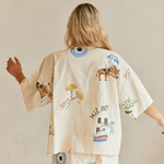 Kea Linen Blend Unique Print Short Sleeve Shirt and High Rise Wrap Panel Miniskirt Set