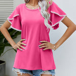 Pom-Pom Trim Flutter Sleeve Round Neck Tee Casual Blouses Tops