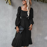 Solid Square Neck Bishop Sleeve Flounce Hem Dress