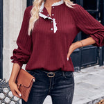 Solid Color Stand Collar Lace Long Sleeve Top Pullover