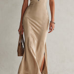 Elegant Satin Midi Dress With Half-zip Closure And Side Slit