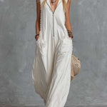 Vintage Casual Western Hooded V-neck Front Zip Lace Trim White Cotton Jumpsuit