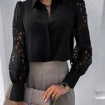 Nadorine Elegant Lace V-NeckShirt Solid Color Hollow Out Long Sleeve Patchwork Blouse