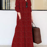 Vintage Printed Lapel Long Sleeve Shirt Maxi Dress