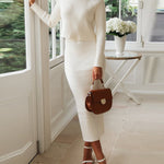 Solid Color Two Piece Set Women Sweater & Comfortable Slim Split Skirt