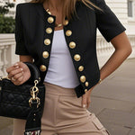 Short Sleeves Buttoned Solid Color Round-Neck Outerwear