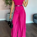 Cap Sleeve Wide Leg No Belt Solid Color Stand Collar Jumpsuits