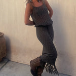 Hollow Suspenders Sleeveless Top Drawstring Tassel Hem Skirt Two-piece Set