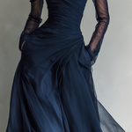 Women's Elegant Dark Blue Chiffon Organza Off-shoulder Long-sleeved Fitted Maxi Dress