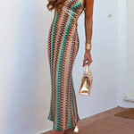 Playful Colorful Knit Holiday Style Halter Neck Maxi Dress