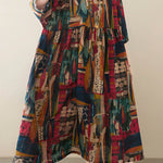 Vintage Loose Abstract Printed Pleated Round-Neck Half Sleeves Midi Dress