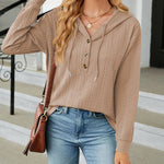 Solid Color Hooded Loose-Fitting Long-Sleeved Sweatshirt with Buttons