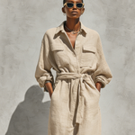 Women's Elegant Natural-colored Linen And Cotton Blend Long-sleeved Shirt Dress With A Loose Fit