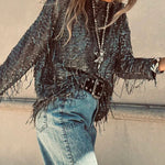 Party Crasher Sequin Tassle Fabric Long Sleeve Loose Top