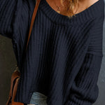 Black Ribbed Knit Drop Sleeve Round Neck Sweater