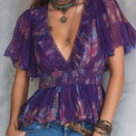 Vintage Smocked Paisley Chiffon Blouse With Ruffled Sleeves