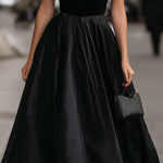 Classic Black Velvet & Taffeta V-Neck Midi Dress