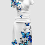 Nadorine Women's Casual V Neck Short Sleeve Sundress Loose Flowy Print Tunic Beach Dresses