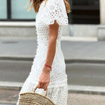 Sweet Valor Crochet Lace Puff Sleeve Button Up Mini Dress