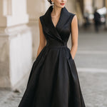 Vintage-Inspired Satin Fit-and-Flare Midi Dress With Sculpted Shawl Collar