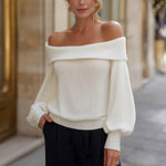 Off-Shoulder Knit Sweater With Folded Collar