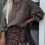 Solid Color Round Neck Ruffled Long Sleeve Knitted Sweater