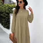 Long Puff Sleeve Shirt Dress Casual Crewneck Loose Fit Sundress Trendy Tiered Layer Summer Mini Dresses
