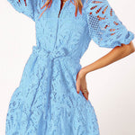 Solid Color Lace Cutout Balloon Sleeves and Waist Tie Mini Dress