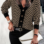Long Sleeve V Neck Open Front Striped Knit Cardigan Sweaters