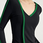 Long Sleeves Contrast Color Split-Front V-Neck Sweater Tops