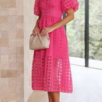 Remarkable Beauty Square Patterned Fabric Puff Sleeve Party Midi Dress