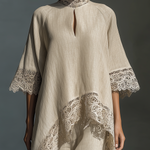 Women's Beige Linen Asymmetrical Hem Top And Straight Skirt Set