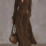 High Waisted Long Sleeves Buttoned Pleated Pockets Solid Color Split-Joint Lapel Maxi Dresses