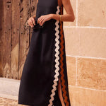 Vacation Villa Side Ric Rac Wave Trim Slit Loose Maxi Dress