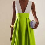 A-Line High Waisted Contrast Color Pleated Zipper Deep V-Neck Maxi Dresses