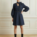 Long Sleeves Puff Sleeves Belted Bow-Embellished Solid Color V-Neck Mini Dresses