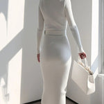 Elegant Turtleneck Sweater Dress Slim-fitting Belted Knee-length Knitted Dress