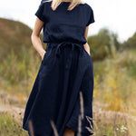 Solid Color A-Line Short Sleeve Crew Neck Dress With Belt
