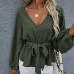Nadorine V Neck Leisure Long Lantern Sleeve Belt Solid Shirt Tops