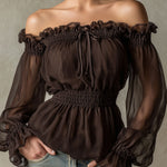 Fashionable Retro Ruffled Brown Off-shoulder Chiffon Blouse
